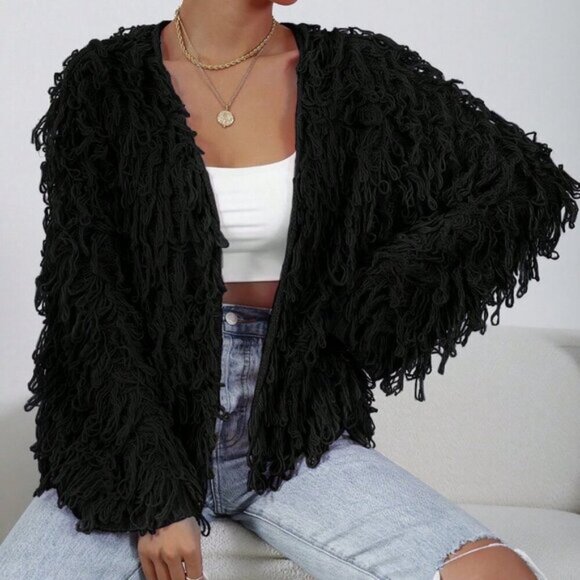 Black Casual Women's Solid Color Coil Knitted Cardigan - Picture 3 of 7